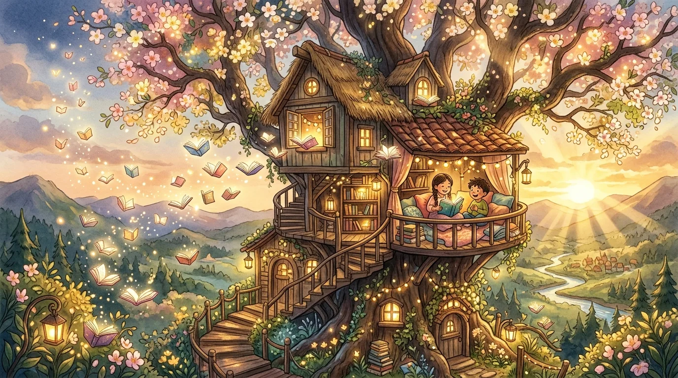 Dos niños comparten un libro en una acogedora casa del árbol, rodeada de flores y libros que vuelan.